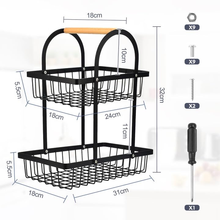 2 Layer Metallic Mesh Fruit Basket | Black Iron Metal with Wooden Holder | Handheld Rack for Kitchen & Bathroom