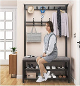 Multipurpose Entryway Bench with Shoe Rack & Clothes Hanger | Space-Saving Organizer | Black & White