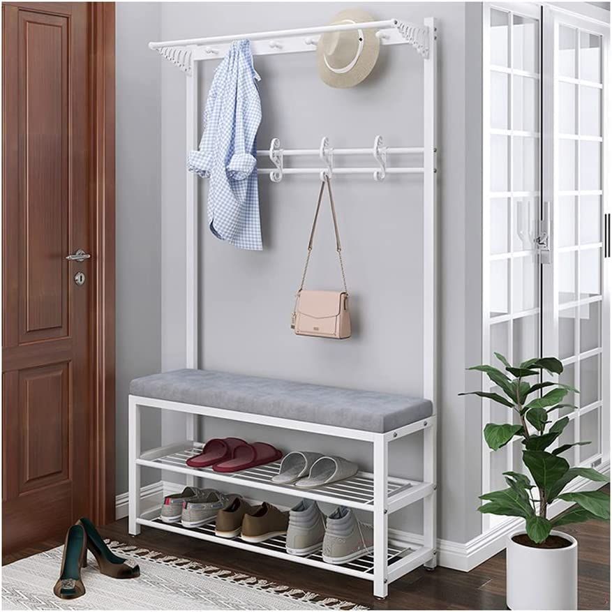 Multipurpose Entryway Bench with Shoe Rack & Clothes Hanger | Space-Saving Organizer | Black & White