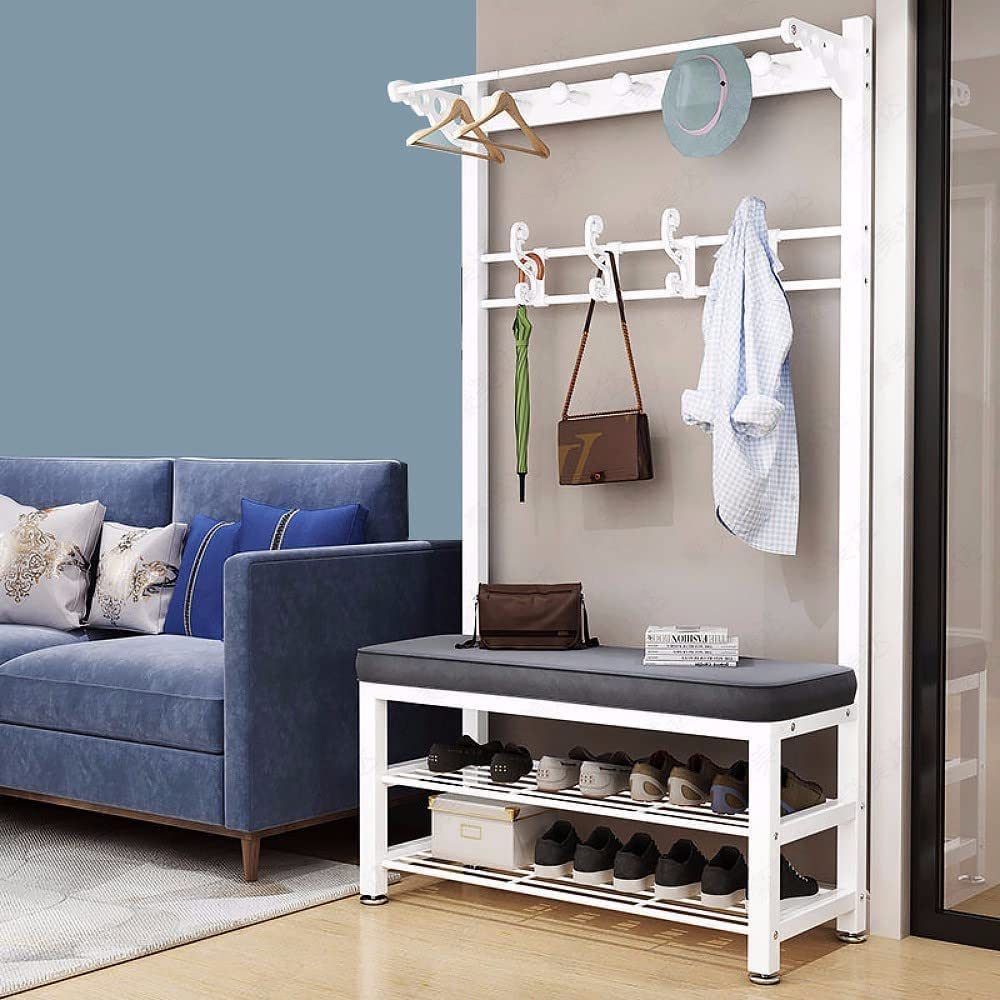 Multipurpose Entryway Bench with Shoe Rack & Clothes Hanger | Space-Saving Organizer | Black & White