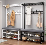 Multipurpose Entryway Bench with Shoe Rack & Clothes Hanger | Space-Saving Organizer | Black & White