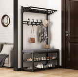 Multipurpose Entryway Bench with Shoe Rack & Clothes Hanger | Space-Saving Organizer | Black & White