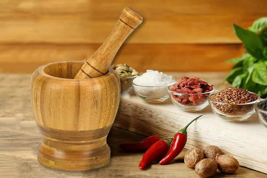 Premium Bamboo Mortar and Pestle Set | 100% Natural, Durable, and Lightweight | Ideal for Cooking & Easy Maintenance