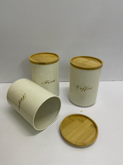 Sugar, Tea, Coffee Canisters with Bamboo Lids | White & Green