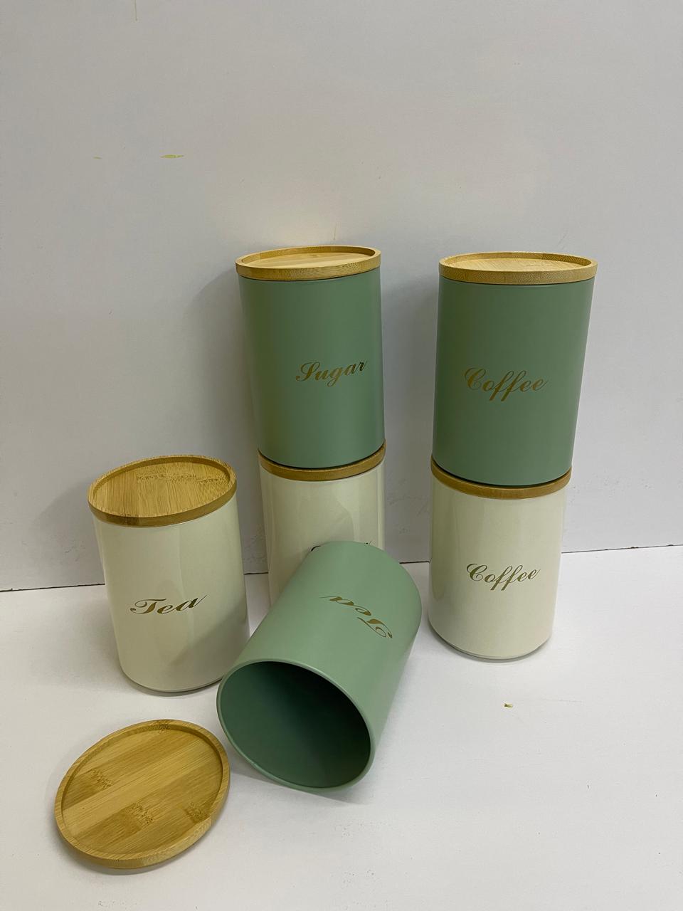 Sugar, Tea, Coffee Canisters with Bamboo Lids | White & Green