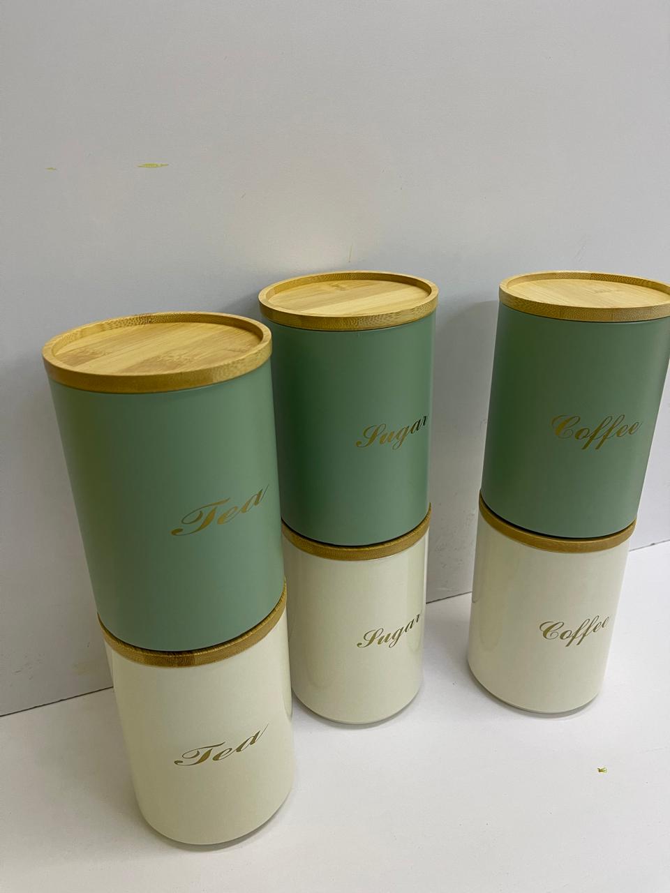 Sugar, Tea, Coffee Canisters with Bamboo Lids | White & Green