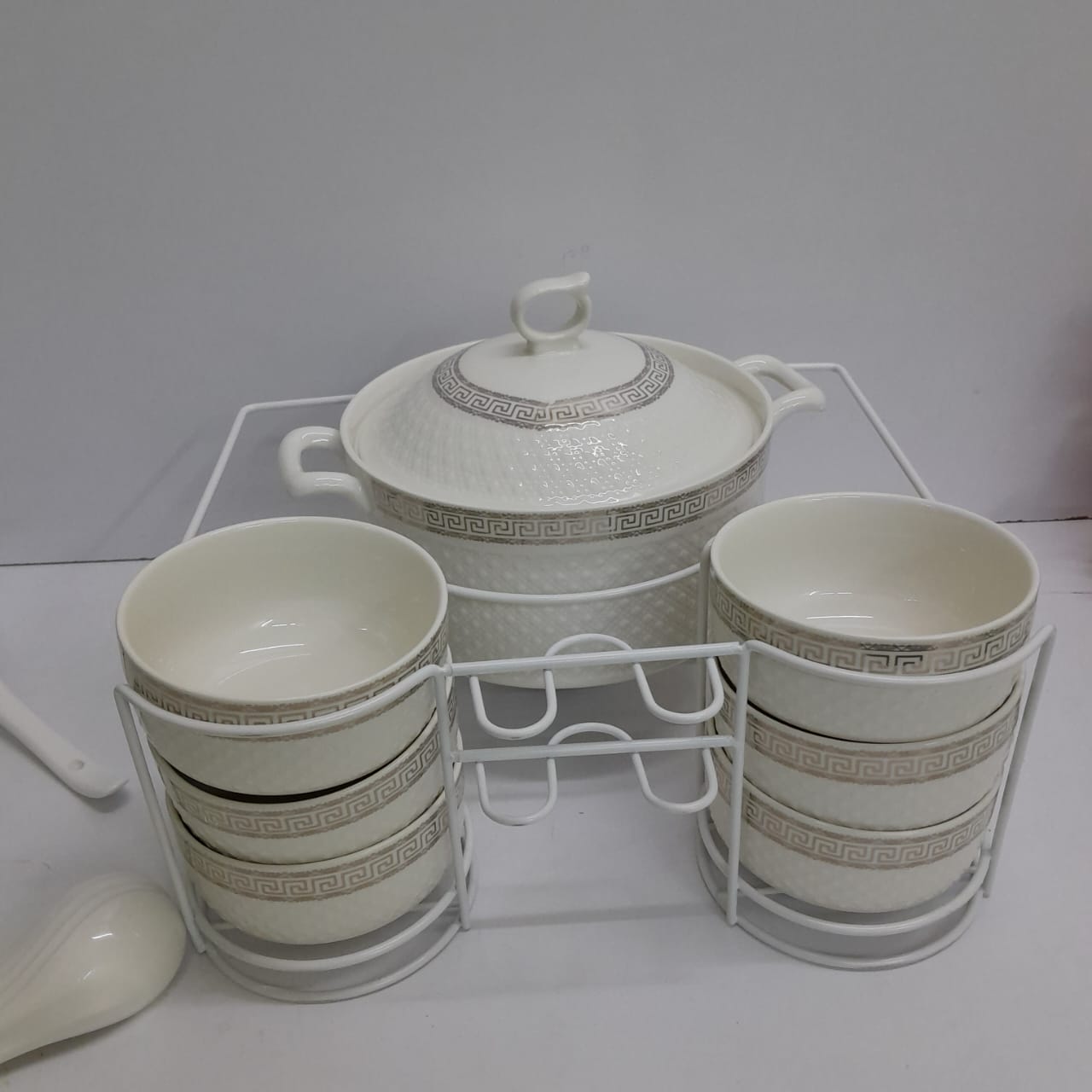 15pcs White Ceramic Soup Set with Tureen, Bowls, Spoons & Holder