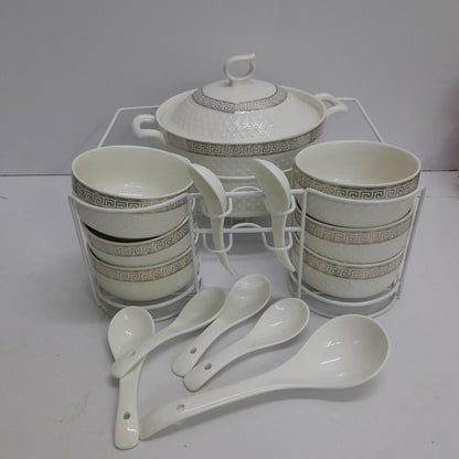 15pcs White Ceramic Soup Set with Tureen, Bowls, Spoons & Holder