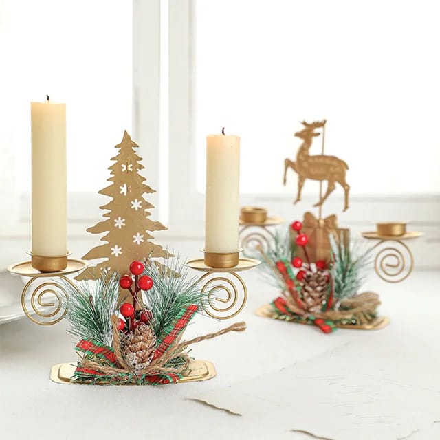 Christmas Candle Holder Santa Claus & Elk | Golden Iron Candlestick