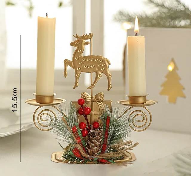 Christmas Candle Holder Santa Claus & Elk | Golden Iron Candlestick