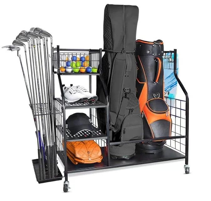 Golf Bag & Equipment Storage Organizer Rack | Black Steel, 95.5x40.6x93.6cm