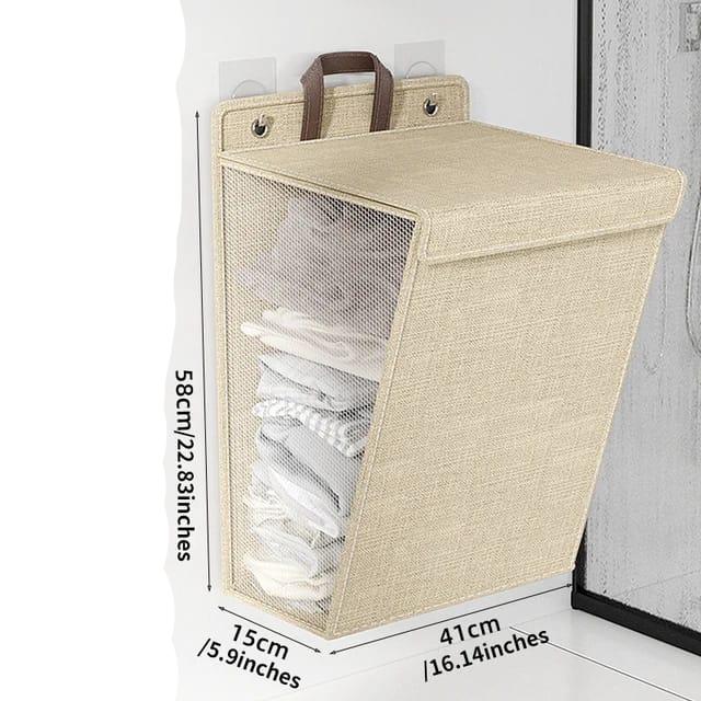 Foldable Adhesive Laundry Basket Hamper with Handle and Stickers | Punch-Free Wall Hanging Mesh Organizer - Grey & Beige