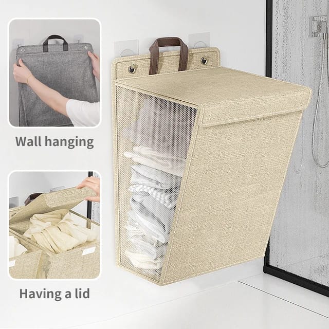 Foldable Adhesive Laundry Basket Hamper with Handle and Stickers | Punch-Free Wall Hanging Mesh Organizer - Grey & Beige