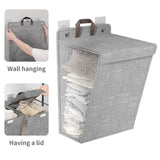 Foldable Adhesive Laundry Basket Hamper with Handle and Stickers | Punch-Free Wall Hanging Mesh Organizer - Grey & Beige