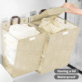 Foldable Adhesive Laundry Basket Hamper with Handle and Stickers | Punch-Free Wall Hanging Mesh Organizer - Grey & Beige