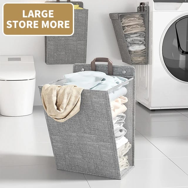 Foldable Adhesive Laundry Basket Hamper with Handle and Stickers | Punch-Free Wall Hanging Mesh Organizer - Grey & Beige