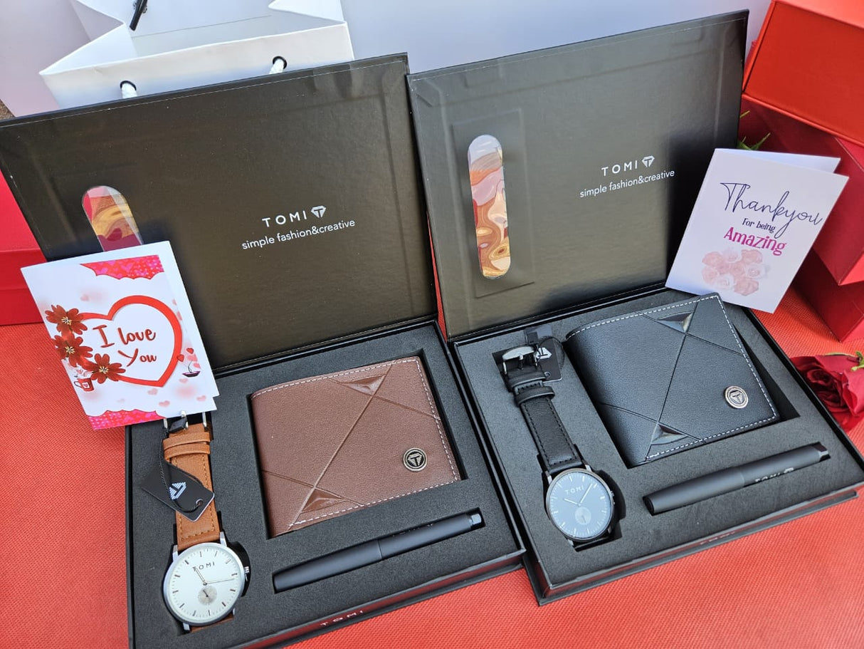 Tomi Gents Gift Set Leather Wallet, Genuine Leather Watch, Executive Pen, Box, Gift Bag & Card