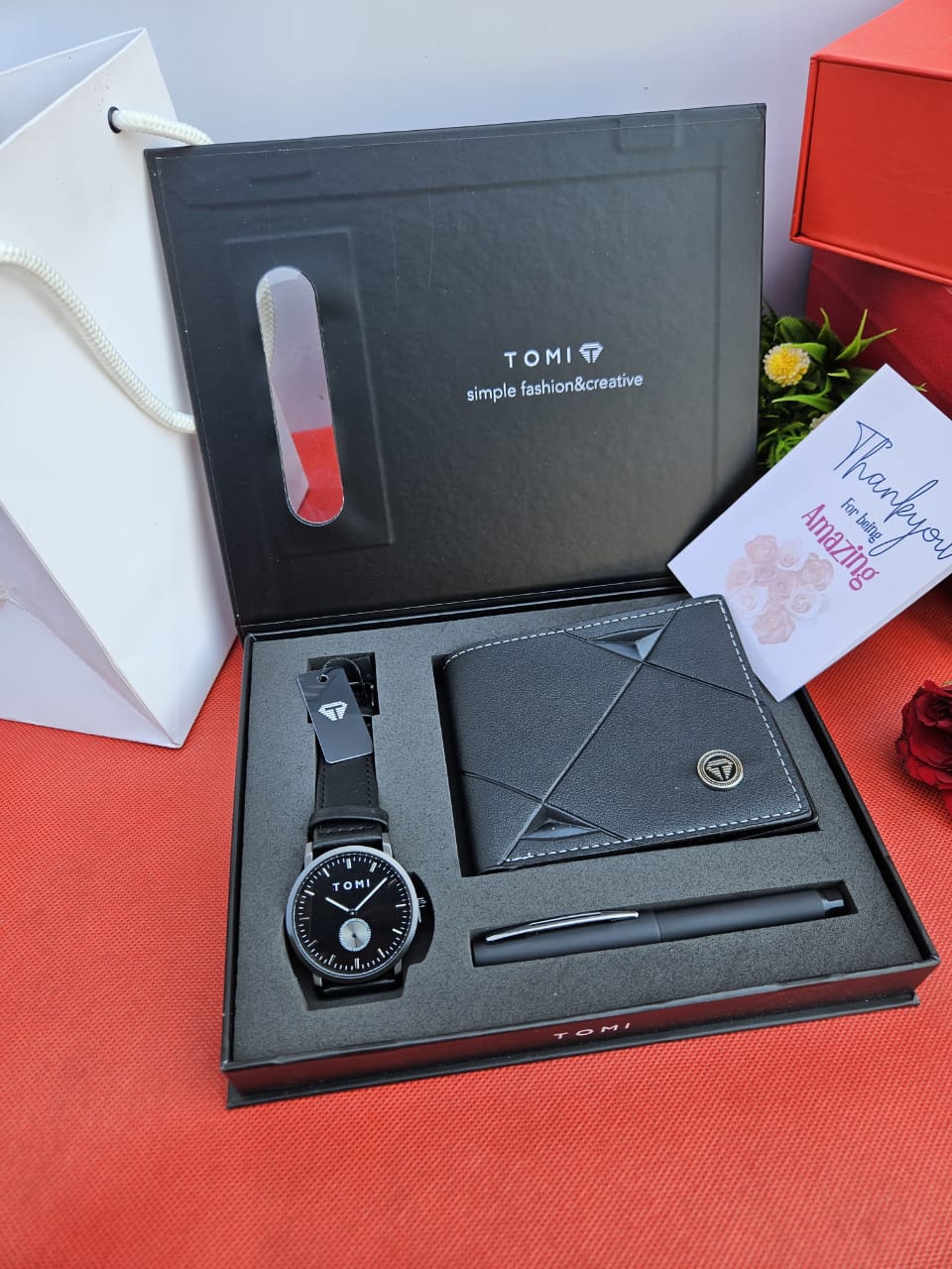 Tomi Gents Gift Set Leather Wallet, Genuine Leather Watch, Executive Pen, Box, Gift Bag & Card