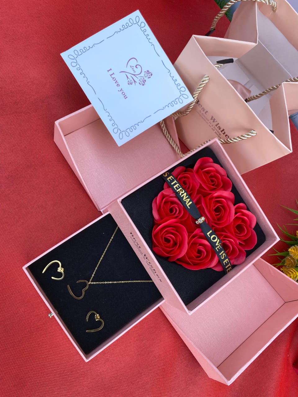 Ladies Valentine's I Love You  Gift Set  Necklace, Earrings, Preserved Roses, Gift Box, Gift Bag & Card