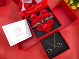 Ladies Valentine's I Love You  Gift Set  Necklace, Earrings, Preserved Roses, Gift Box, Gift Bag & Card