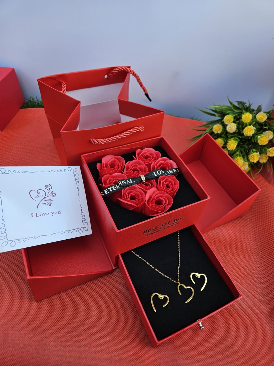 Ladies Valentine's I Love You  Gift Set  Necklace, Earrings, Preserved Roses, Gift Box, Gift Bag & Card