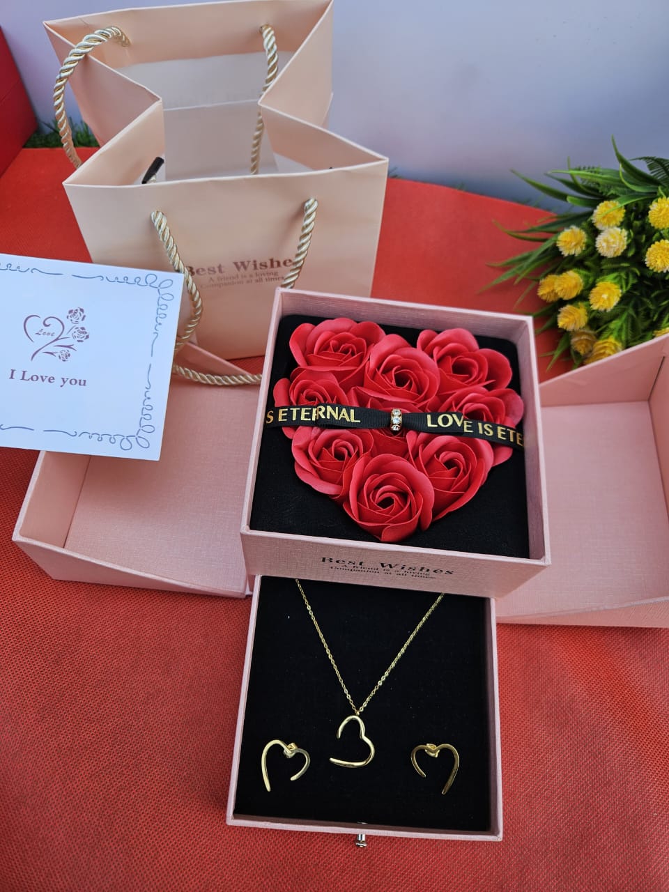 Ladies Valentine's I Love You  Gift Set  Necklace, Earrings, Preserved Roses, Gift Box, Gift Bag & Card