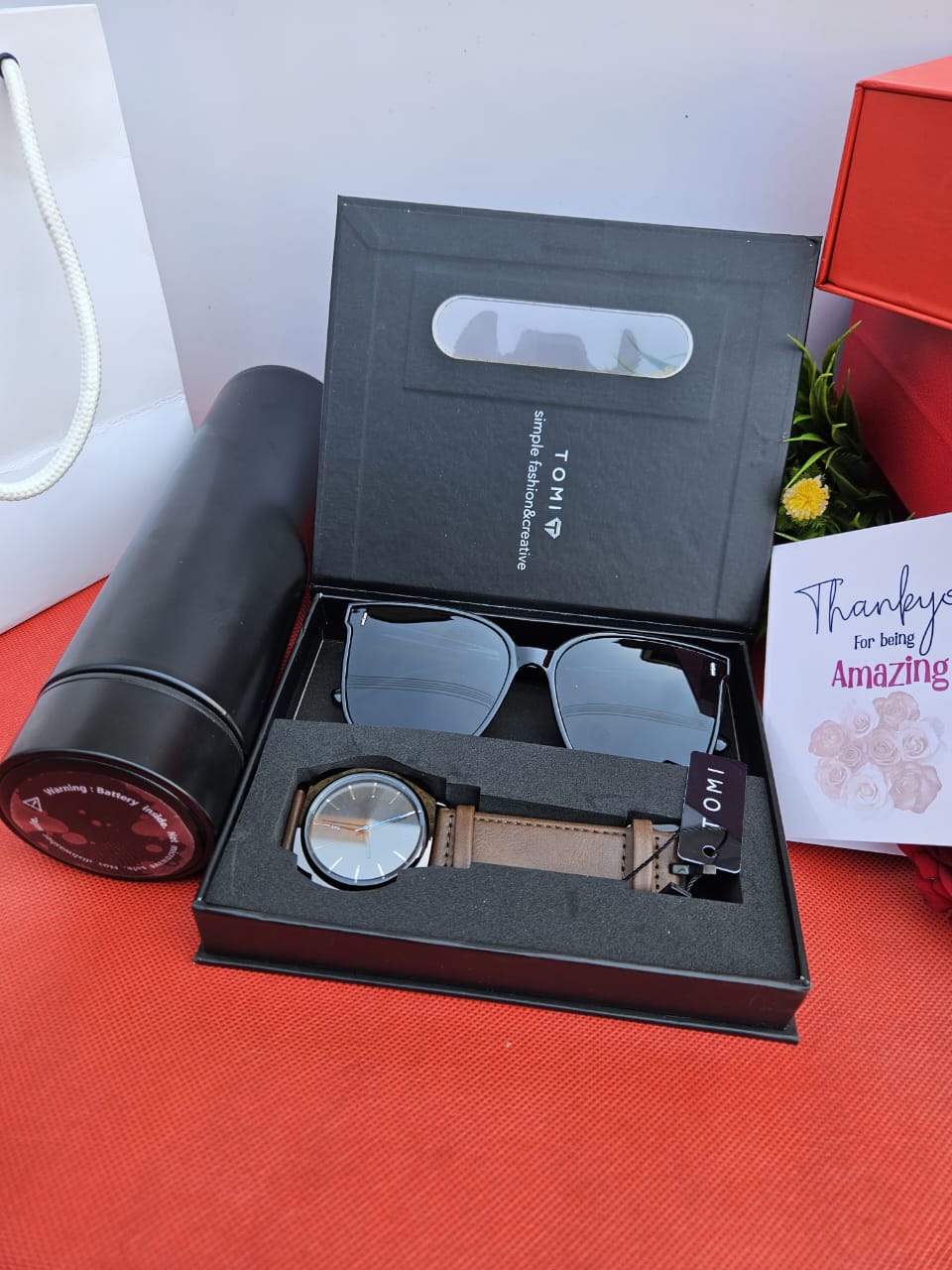 Tomi Gents Valentine's Gift Set Thermal Flask, Polarized Sunglasses, Genuine Leather Watch, Box, Gift Bag & Card