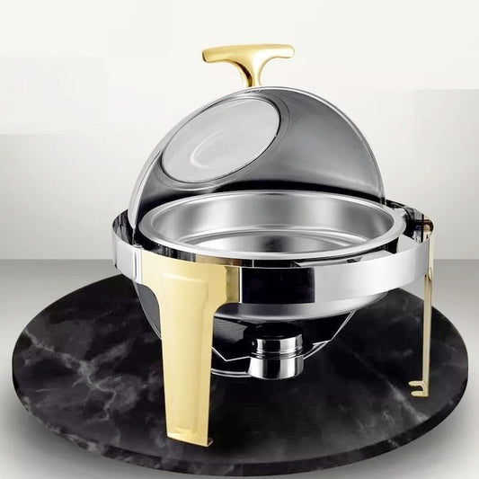 Roll Top Chafing Dish with Gold Stand | Elegant Stainless Steel Buffet Server for Catering and Events