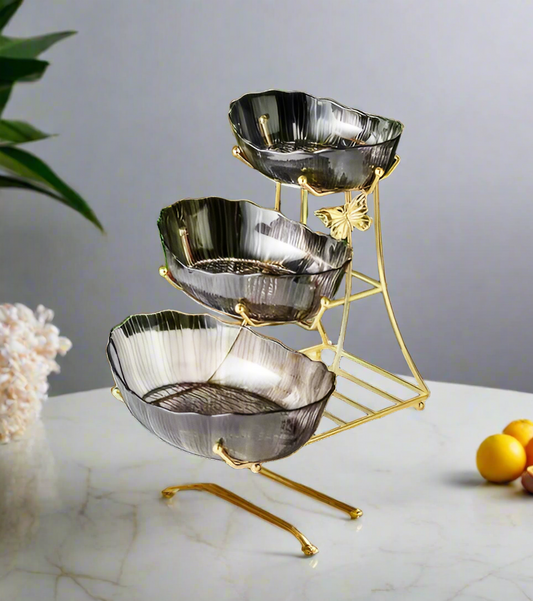 3 Tier Fruit & Snack Stand | Gold Metallic with Acrylic Plates | Ideal For Presenting Fruits, Snacks, Or Desserts At Parties, Gatherings, For Home Decor