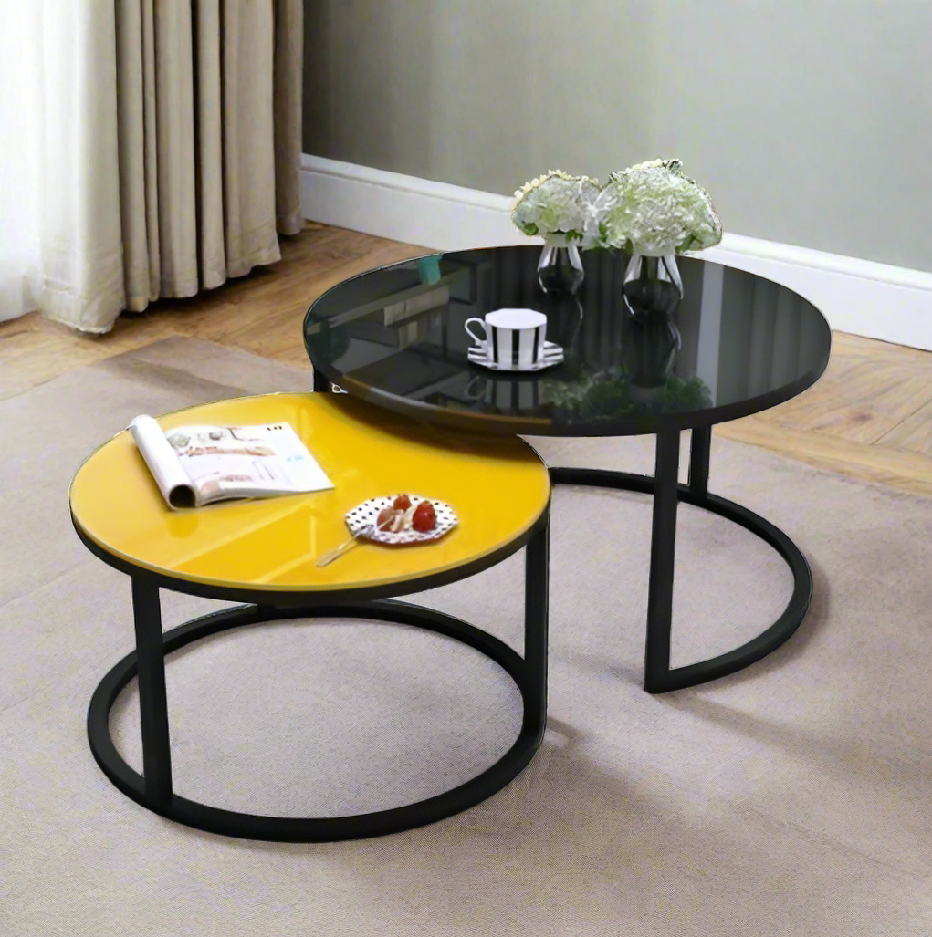 Modern Glass Nesting Tables | Versatile Design with Yellow and Black Glass Tabletops (80cm & 60cm)