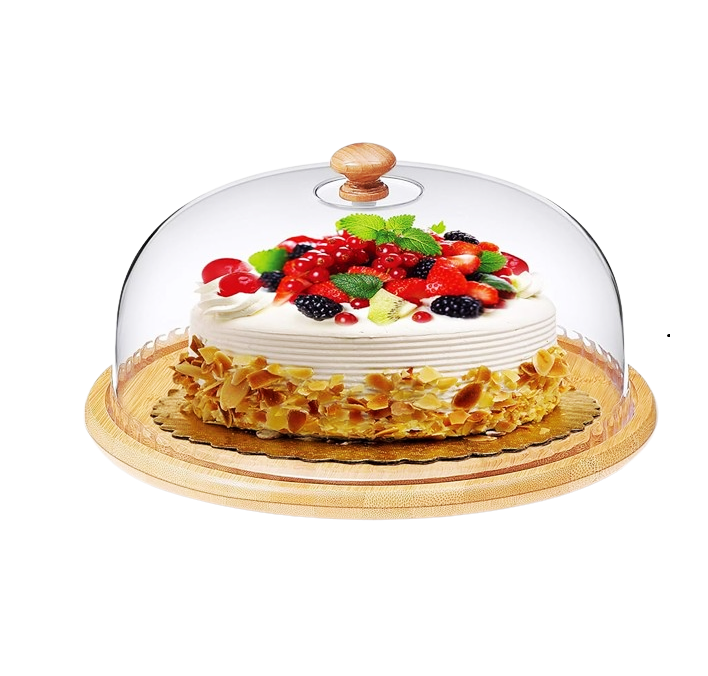 High Quality Bamboo Base Cake/Fruit Stand with Acrylic Dome Cover | Elegant Display | Ideal for cakes, fruits, pastries