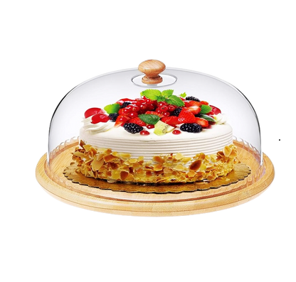 High Quality Bamboo Base Cake/Fruit Stand with Acrylic Dome Cover | Elegant Display | Ideal for cakes, fruits, pastries