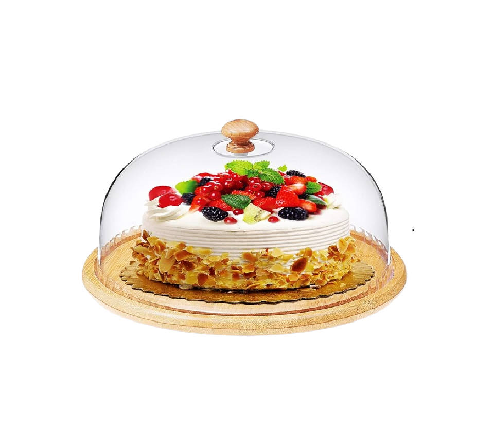 High Quality Bamboo Base Cake/Fruit Stand with Acrylic Dome Cover | Elegant Display | Ideal for cakes, fruits, pastries