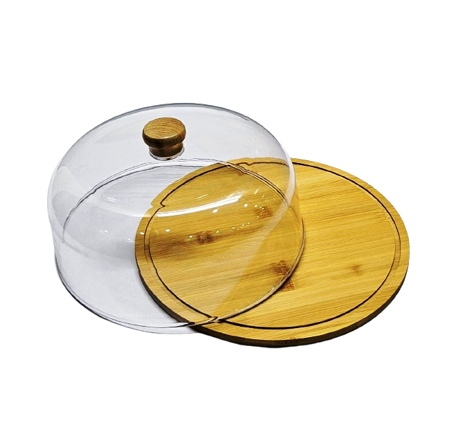 High Quality Bamboo Base Cake/Fruit Stand with Acrylic Dome Cover | Elegant Display | Ideal for cakes, fruits, pastries