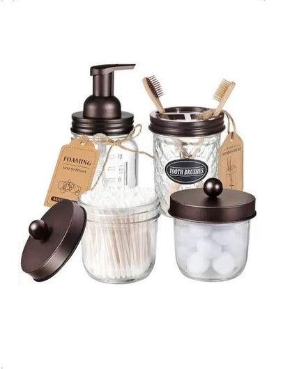 Mason Jars Bathroom Accessories Set with Black Lids | 4 Piece Storage Solution