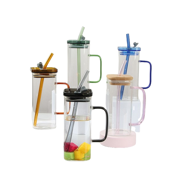 Square Glass Drinking Cups | Clear with Colored Handle and Acrylic Lid