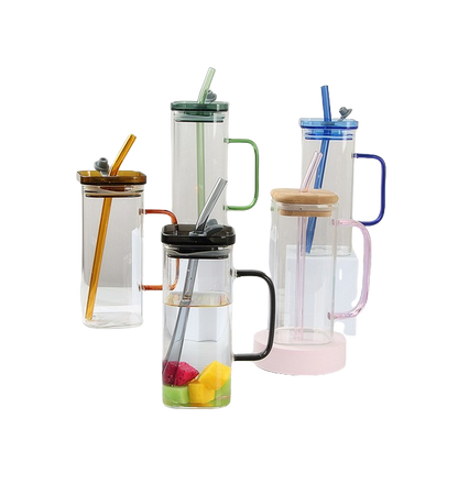 Square Glass Drinking Cups | Clear with Colored Handle and Acrylic Lid