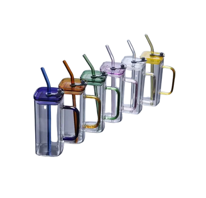 Square Glass Drinking Cups | Clear with Colored Handle and Acrylic Lid