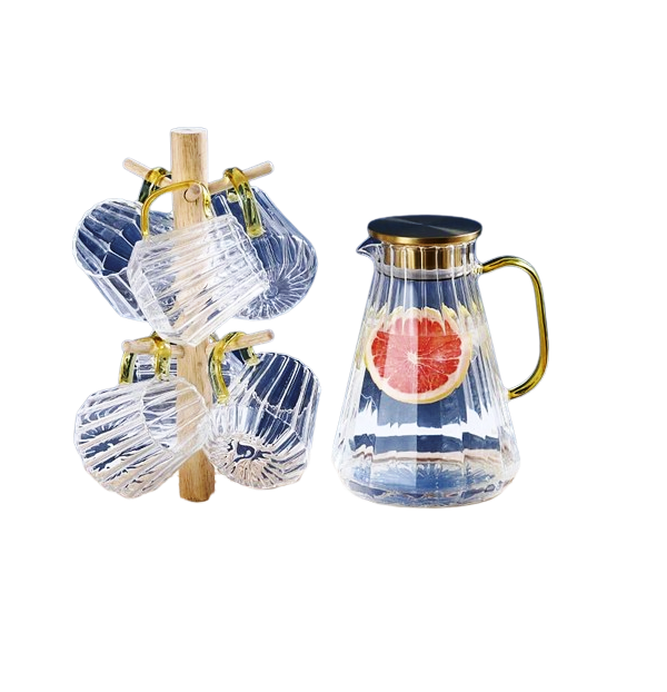 Glass Decanter Kettle Cups Set | High Quality Glass with Metallic Gold Finish