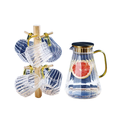 Glass Decanter Kettle Cups Set | High Quality Glass with Metallic Gold Finish