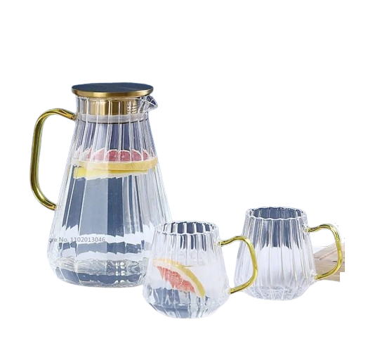 Glass Decanter Kettle Cups Set | High Quality Glass with Metallic Gold Finish