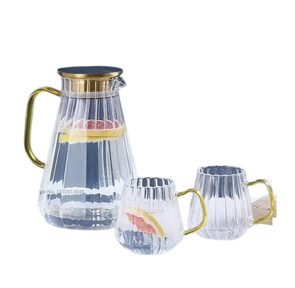 Glass Decanter Kettle Cups Set | High Quality Glass with Metallic Gold Finish