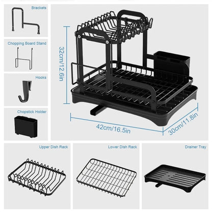 Large 2 Tier Carbon SteDish Drying Rack with Drip Tray Detachable Dish Drainer Rack with Swivel Drainage Spout | Cutting-Board Holder | Cup Holder | Organize Shelf with Utensil Holder Set| Black