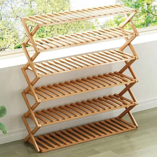 6 Tier Black Bamboo Shoe Rack Stand | Multifunctional Organizer | Foldable & Portable | 100 cm x 113 cm x 25 cm