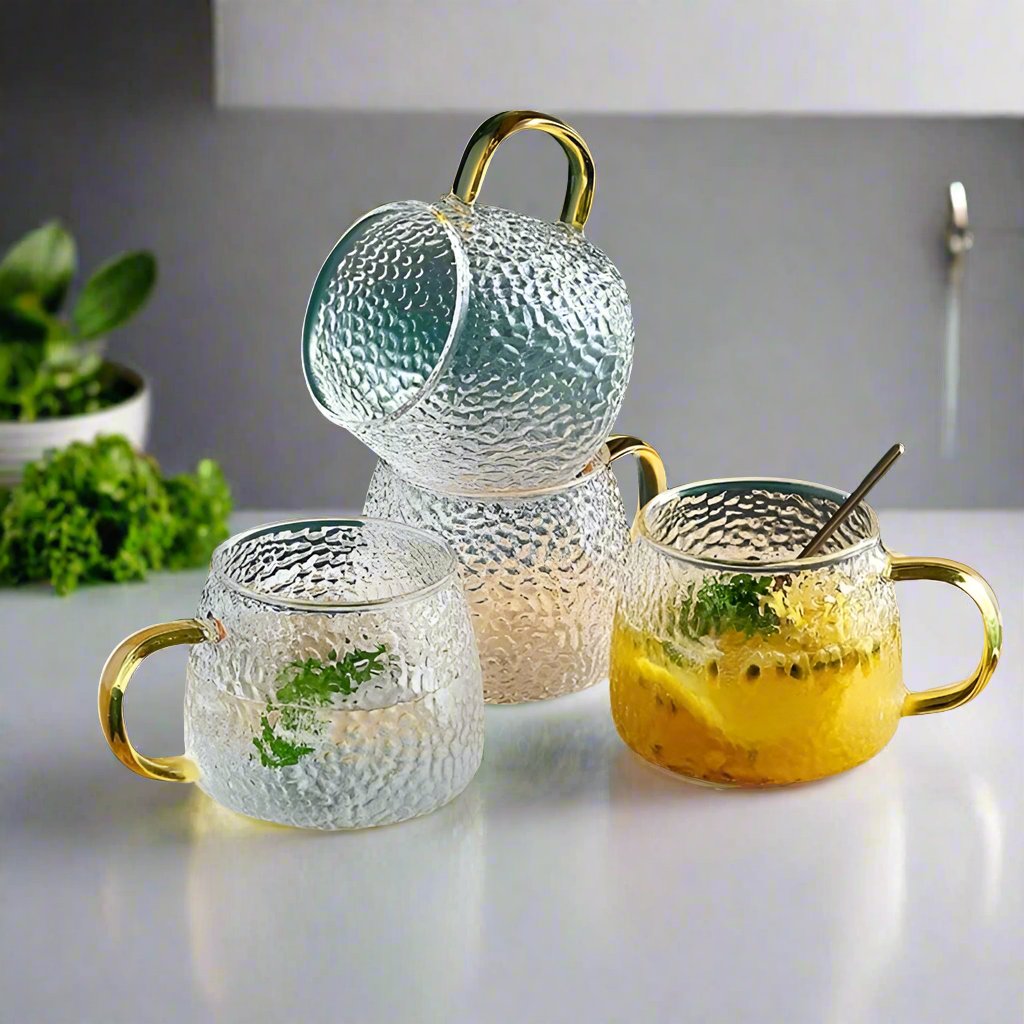 6 Pieces 350 ml Hammer Patterned Glass Cups with Gold Handle