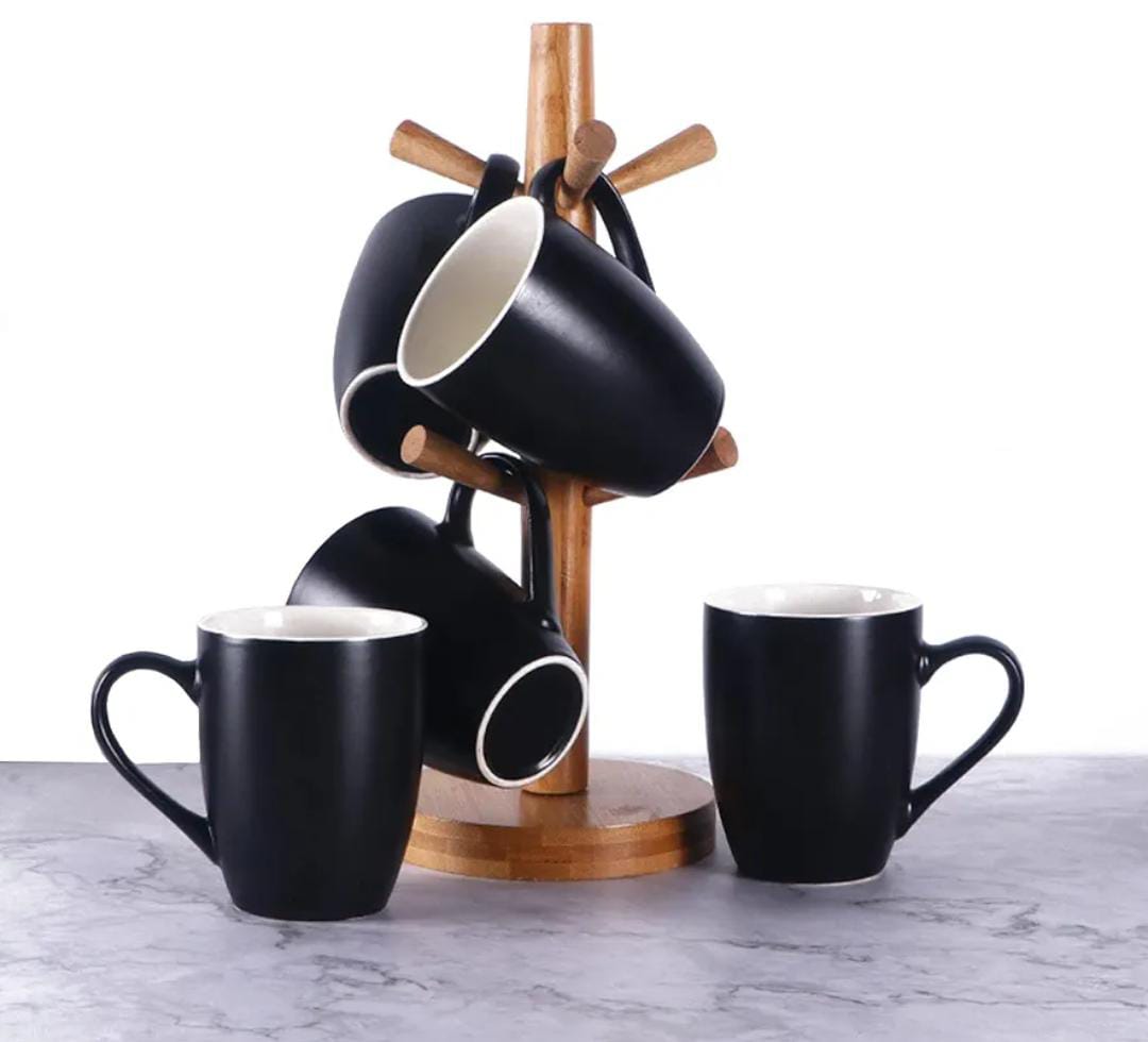 6 Piece Jumbo Tea Mugs | 490ml Ceramic Stoneware (Black, Blue, Brownish)