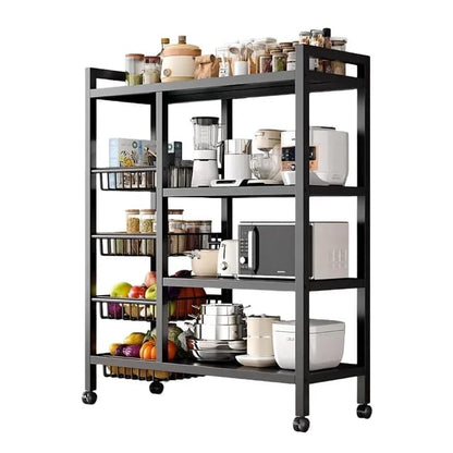 Multifunctional Strong Metallic Kitchen Rack with Lockable Wheels | 3 Tier Black Kitchen Storage Rack Organizer