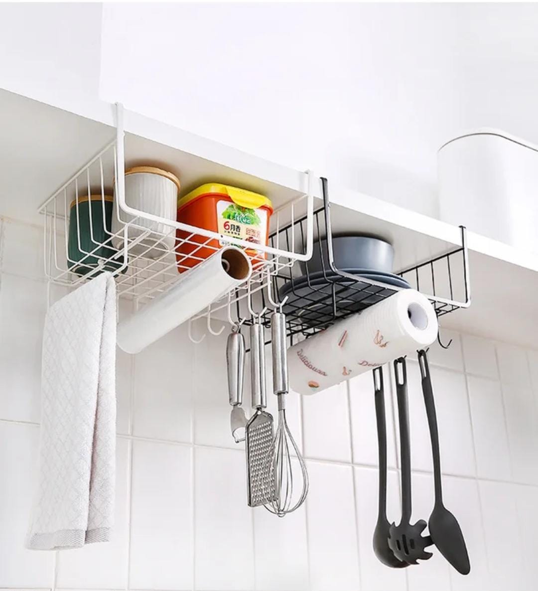 Metallic Under Shelf Rack with Hooks | 29x24.5x18.5cm Paper Towel Holder - Black or White