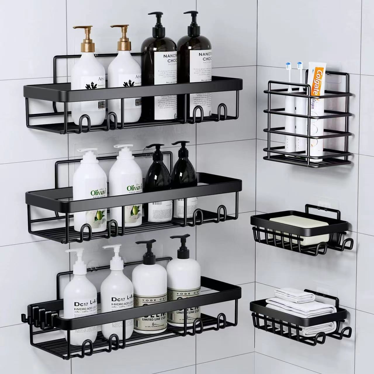 6-Piece Set Shower Caddy Organizer Shelf | Rustproof Stainless Steel Bathroom Organizer with Adhesive - No Drill, Large Capacity Storage