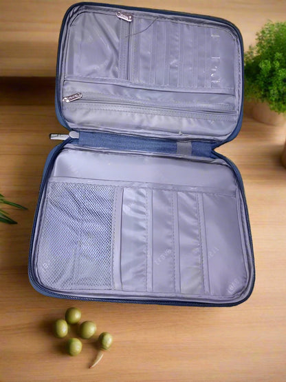 Family Travel Documents Organizer | Multiple Compartments for Passports | Tickets | Travel Documents Storage Organzier | 28cm x 22 cm| Blue Grey